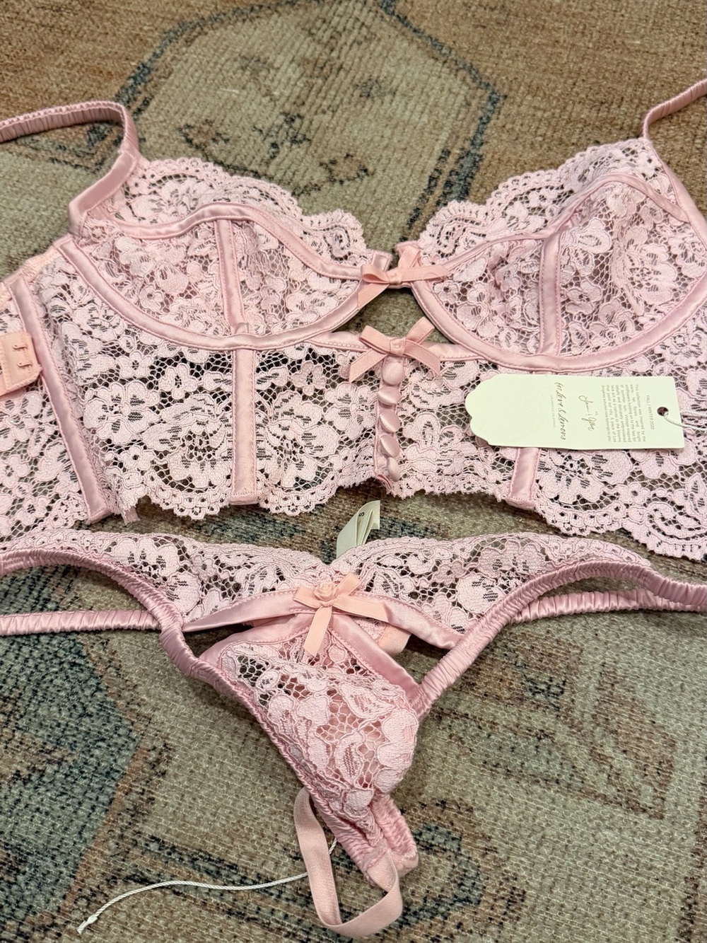 For Love And Lemons Pink Lace Balconette Bralette & Thong Set